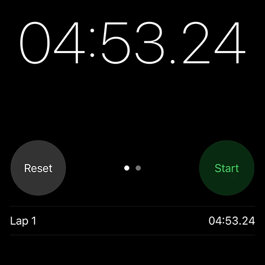 Screenshot of stopwatch timer for 04:53 time it takes to fill up the glass carafe with Bluevua water filter.